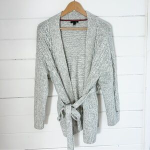 Gray Cable Knit Wrap Cardigan Sweater with Belt, Tommy Hilfiger, M